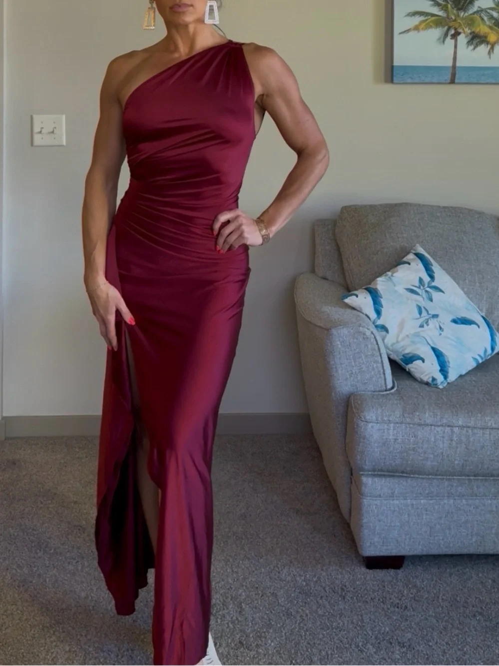 One-Shoulder Burgundy Satin Evening Dress